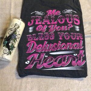 Graphic Tee with Pink and White Text with “guns and roses” Tumbler
